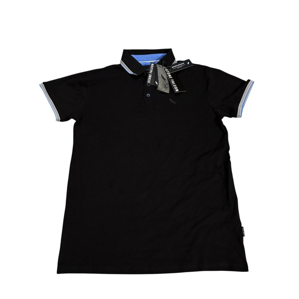Stone Falcon Mens Black Marina Blue Tipped Polo Shirt SFTS-23010 Medium NWT‎